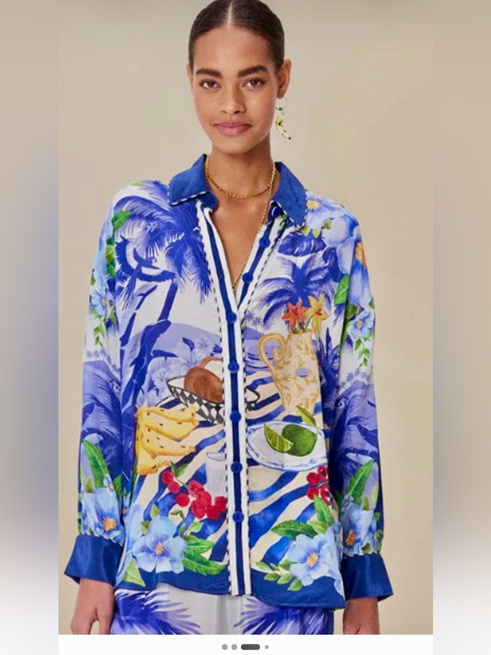 FARM Rio Blue Tropical Fruit & Floral Button-Down Shirt